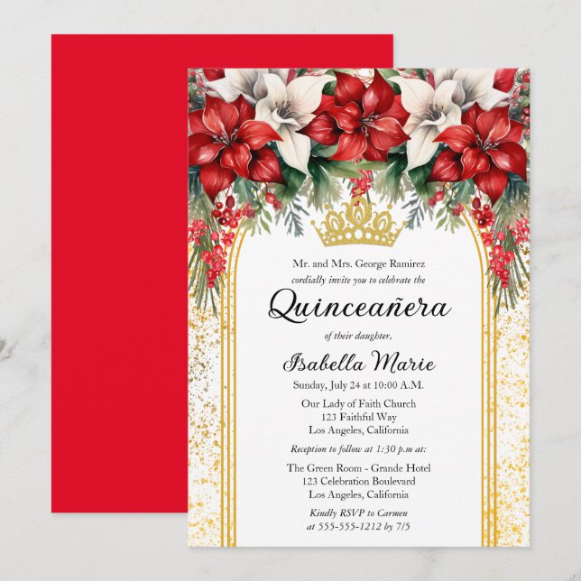 Elegant Poinsettias Floral Quinceañera Party Invitation (Front/Back)