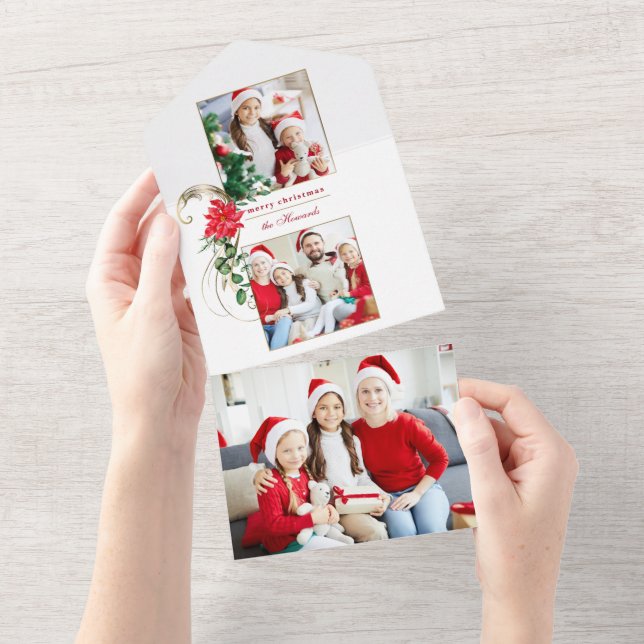 Elegant Poinsettias & Gold Scrolls 2-Photo All In One Invitation (Tearaway)