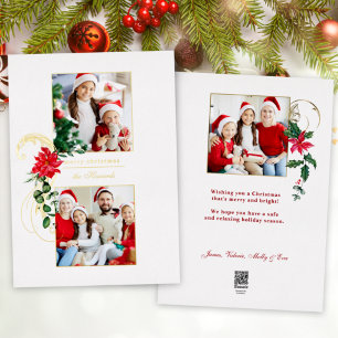 Elegant Poinsettias & Gold Scrolls 2-Photo Foil Holiday Card