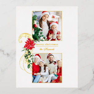 Elegant Poinsettias & Gold Scrolls 2-Photo Foil Holiday Postcard