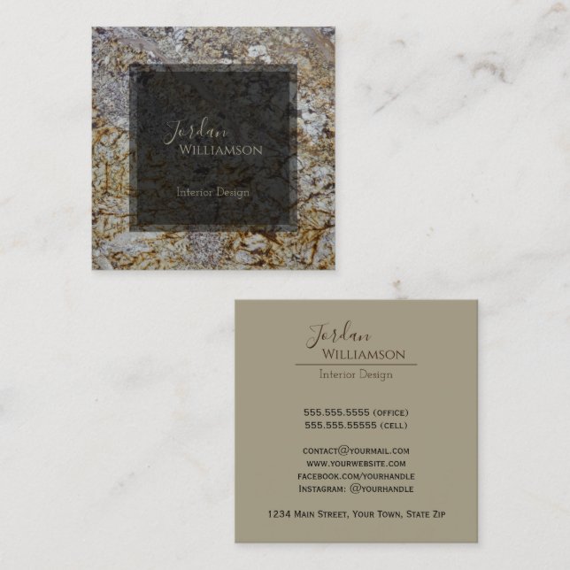 Elegant Polished Granite Grey, Rust & Taupe Chic Square Business Card (Front/Back)