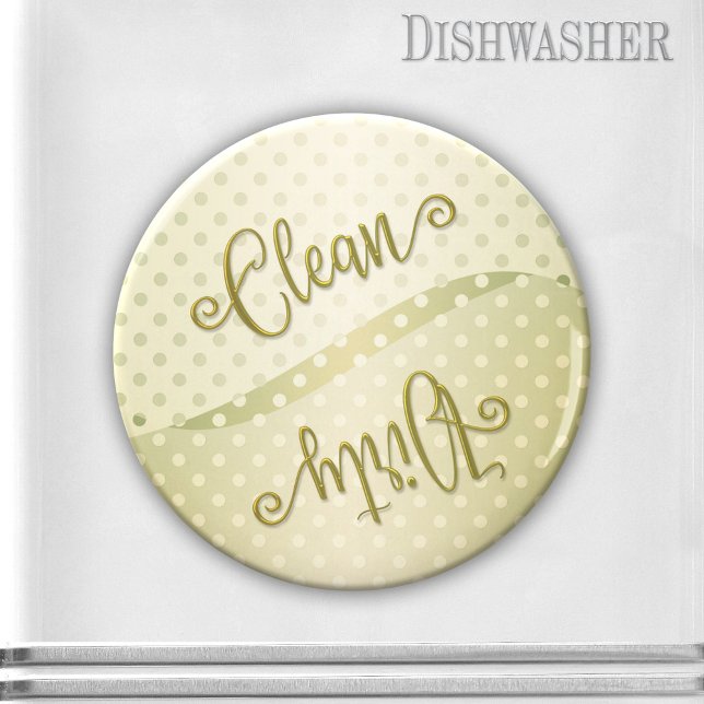 Elegant Polka Dots Clean Dirty Dishwasher Magnet (Clean-dirty dishwasher magnet featuring an elegant retro or vintage design in green-gold with script)