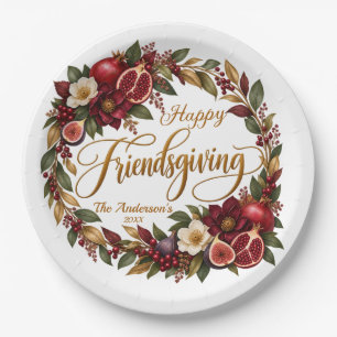 Elegant Pomegranate Fig Botanical Friendsgiving Paper Plate