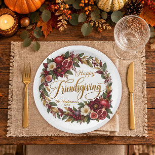 Elegant Pomegranate Fig Botanical Friendsgiving Paper Plate