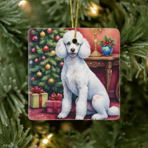 Elegant Poodle Beside Christmas Tree Holiday Dog Ceramic Ornament