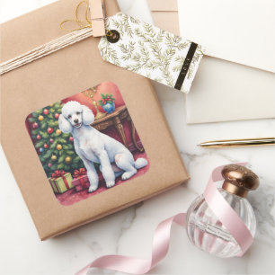 Elegant Poodle Beside Christmas Tree Holiday Dog Square Sticker