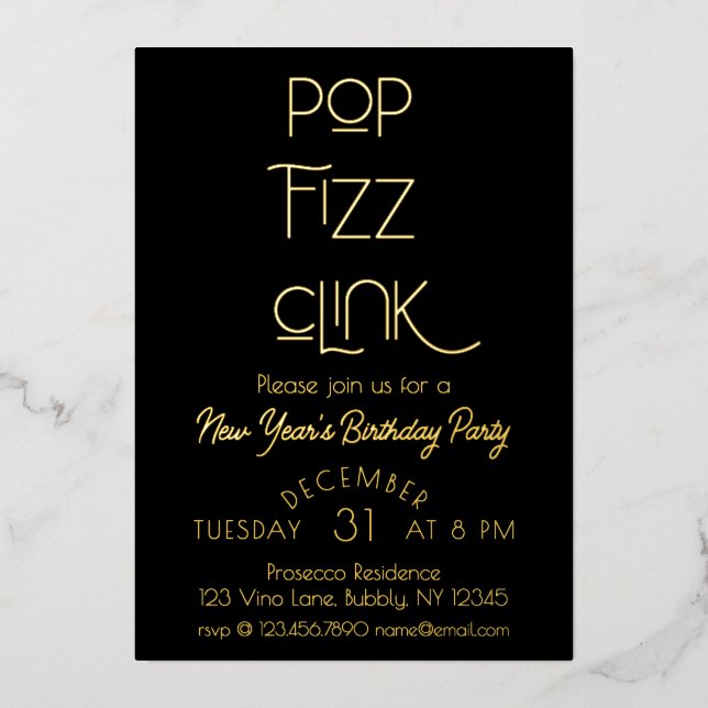 Elegant Pop Fizz Clink New Year's Birthday Party Foil Holiday Card (Front)