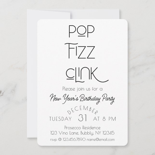 Elegant Pop Fizz Clink New Year's Birthday Party Invitation (Front)
