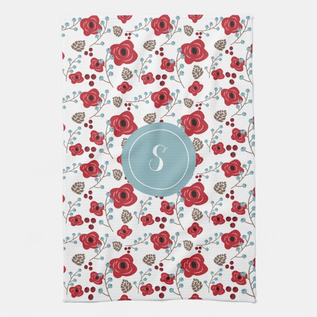 Elegant Poppies and Berries Pattern Monogram Tea Towel (Vertical)