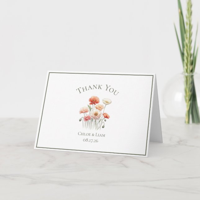 Elegant Poppies Flower Wedding Thank You Card (Front)