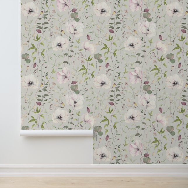 Elegant Poppies Leaves Floral Pattern Satin Linen Wallpaper (Application)