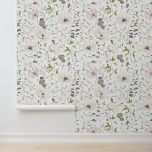 Elegant Poppies & Leaves Floral Pattern White Wallpaper