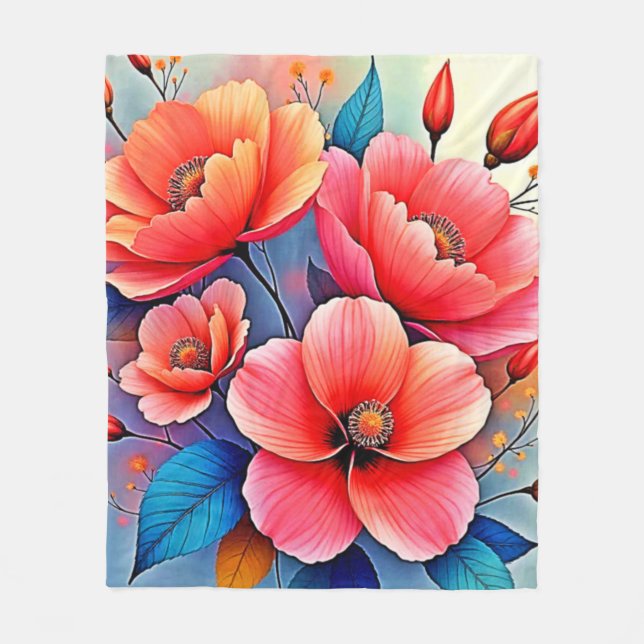 Elegant Poppies: Radiant Nature Art Fleece Blanket (Front)