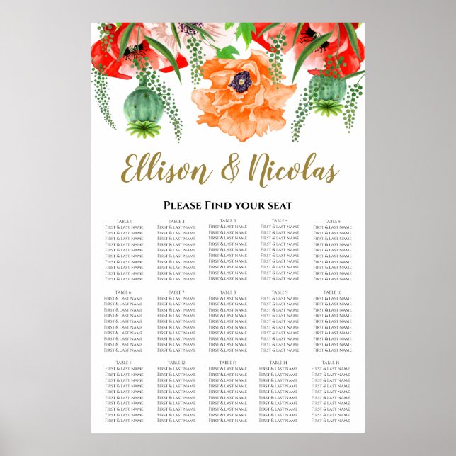 Elegant Poppies  Wedding Seating Chart (Front)