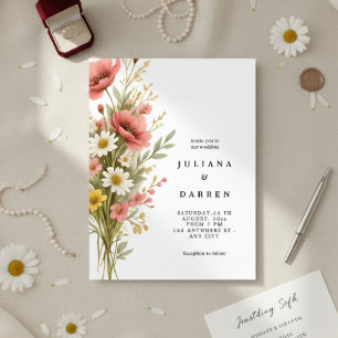 Elegant Poppy Daisy Bouquet Rustic Floral Wedding  Invitation