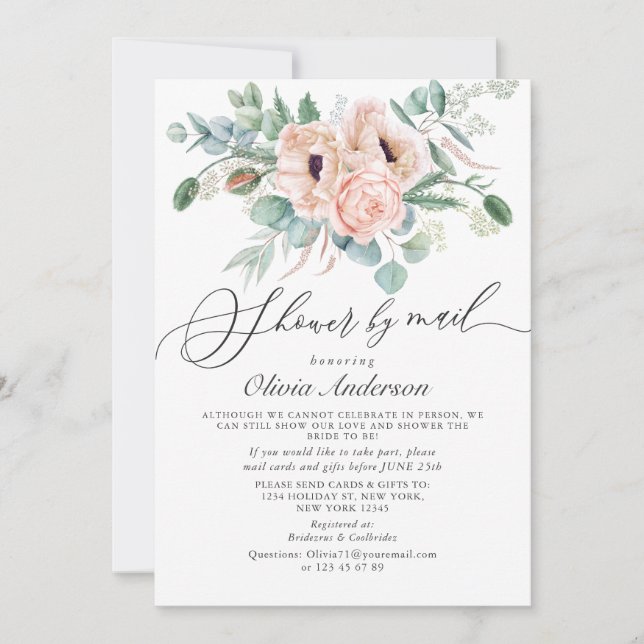 Elegant Poppy Eucalyptus Bridal Shower By Mail Invitation (Front)