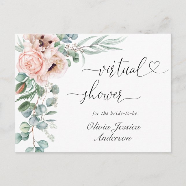 Elegant Poppy Eucalyptus Bridal VIRTUAL Shower Postcard (Front)