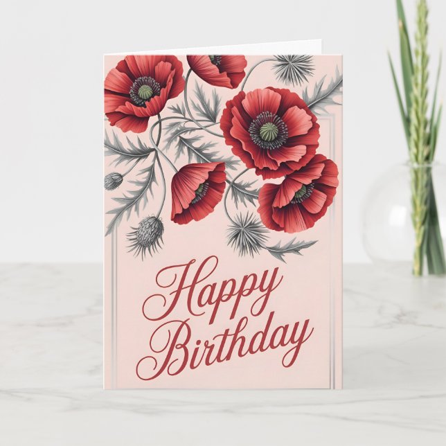Elegant Poppy Flower Birthday Wishes Card (Front)