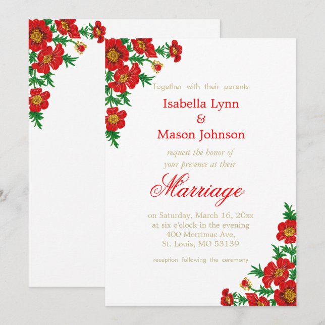 Elegant Poppy Red Flowers Wedding Invitation (Front/Back)