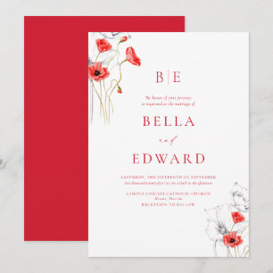 Elegant Poppy Red Monogram Floral Formal Wedding Invitation
