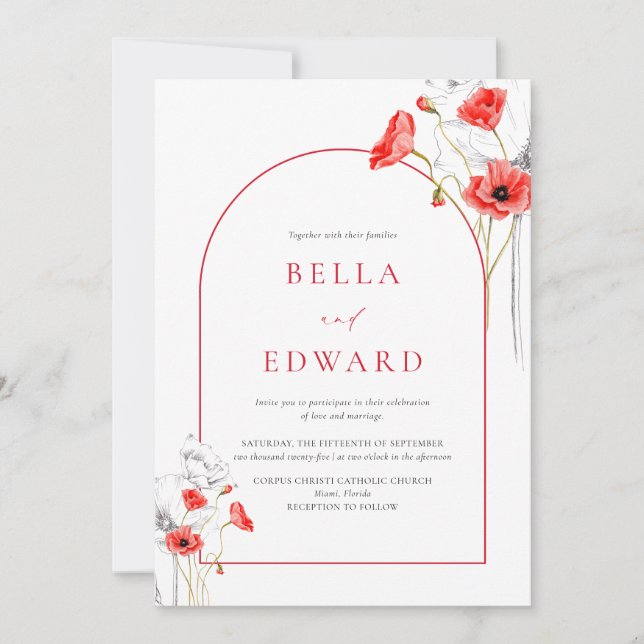 Elegant Poppy Red Watercolor Wildflowers Wedding Invitation (Front)