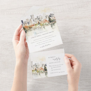 Elegant Portland Oregon Skyline Watercolor Wedding All In One Invitation