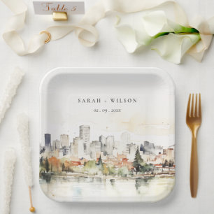 Elegant Portland Oregon Skyline Watercolor Wedding Paper Plate