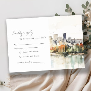 Elegant Portland Oregon Skyline Watercolor Wedding RSVP Card
