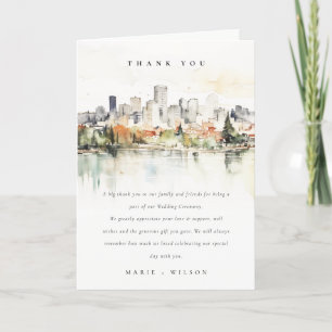 Elegant Portland Oregon Skyline Watercolor Wedding Thank You Card