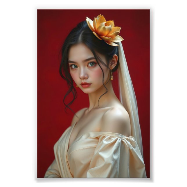 Elegant Portrait of a Young Woman with Golden Lotu Photo Print (Front)