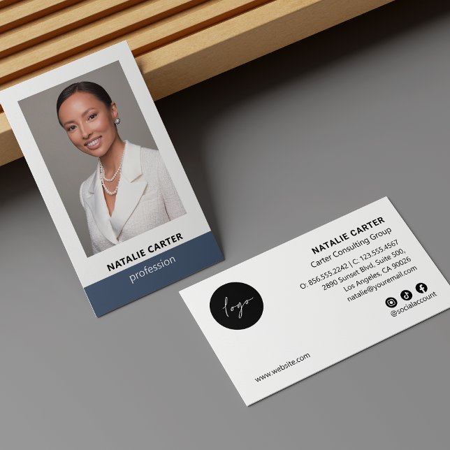 Elegant Portrait Photo Logo Social Icon DUSTY BLUE Business Card (Creator Uploaded)