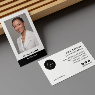 Elegant Portrait Photo, Logo & Social Icons BLACK Business Card