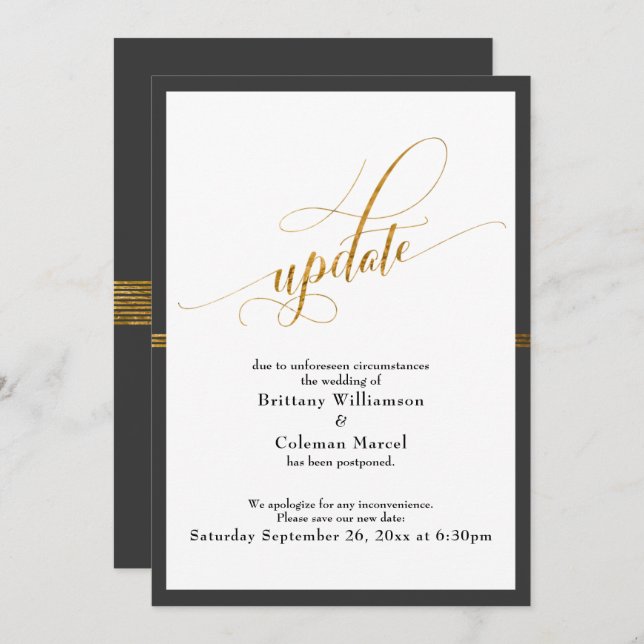 Elegant Postponed Wedding Grey & Gold Stripe Card (Front/Back)