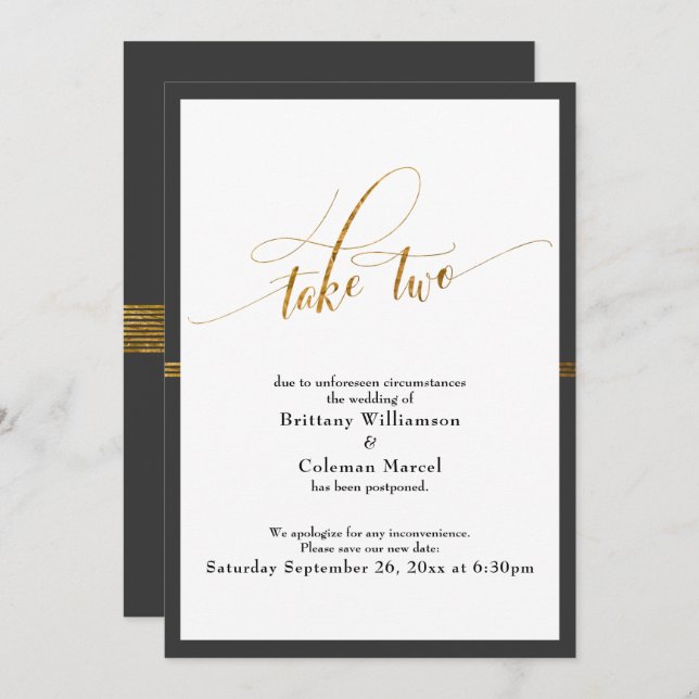 Elegant Postponed Wedding Grey & Gold Stripe Card (Front/Back)
