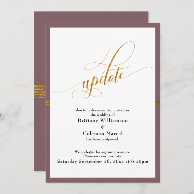 Elegant Postponed Wedding Mauve Gold Stripe Card (Front/Back)