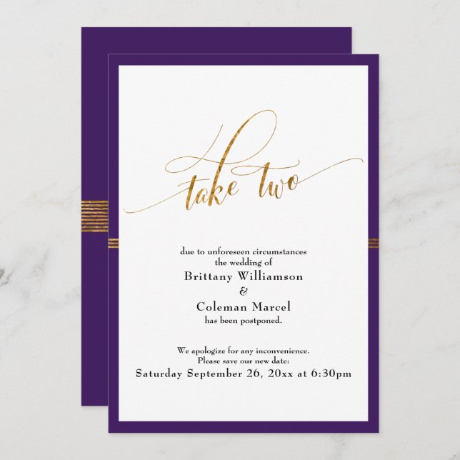 Elegant Postponed Wedding Purple Gold Stripe Card (Front/Back)