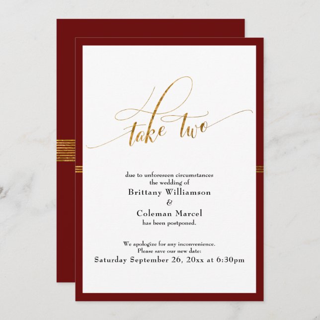 Elegant Postponed Wedding Red & Gold Stripe Card (Front/Back)