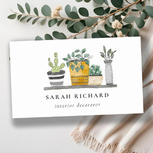 Elegant Potted House Plants Watercolor Botanical  Business Card