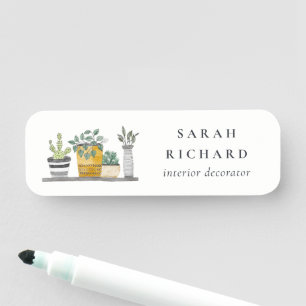 Elegant Potted House Plants Watercolor Botanical Name Tag