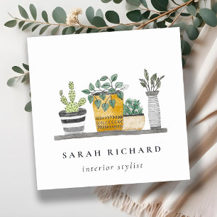 Elegant Potted House Plants Watercolor Botanical  Square Business Card