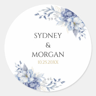 Elegant Powder Blue & Floral Design Wedding  Classic Round Sticker