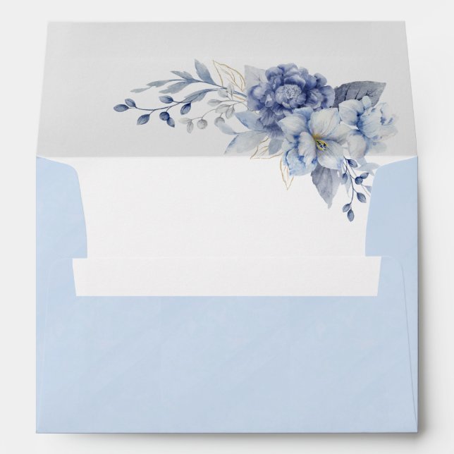 Elegant Powder Blue Floral Gold Accent Wedding Envelope (Back (Bottom))