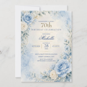 Elegant Powder Blue Floral Pearl 70 Birthday Invitation