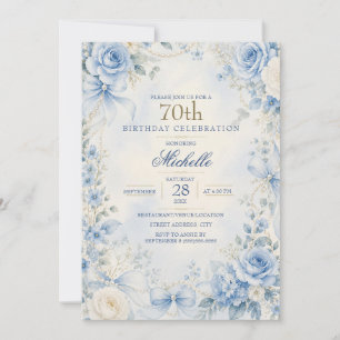 Elegant Powder Blue Floral Pearl Bow 70 Birthday Invitation