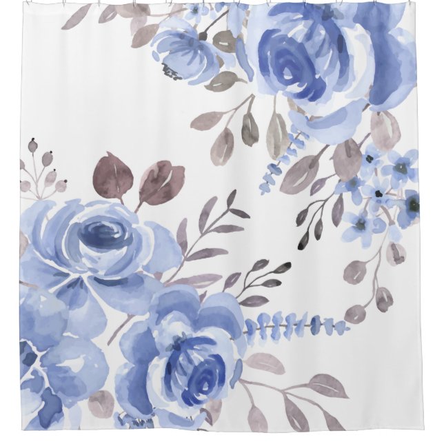 Elegant Powder Blue Floral Watercolor Shower Curtain (Front)