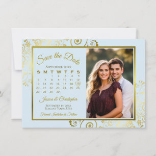 Elegant Powder Blue & Gold Calendar Photo Wedding Save The Date
