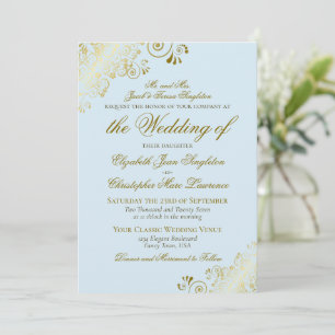 Elegant Powder Blue & Gold Classic Formal Wedding Invitation