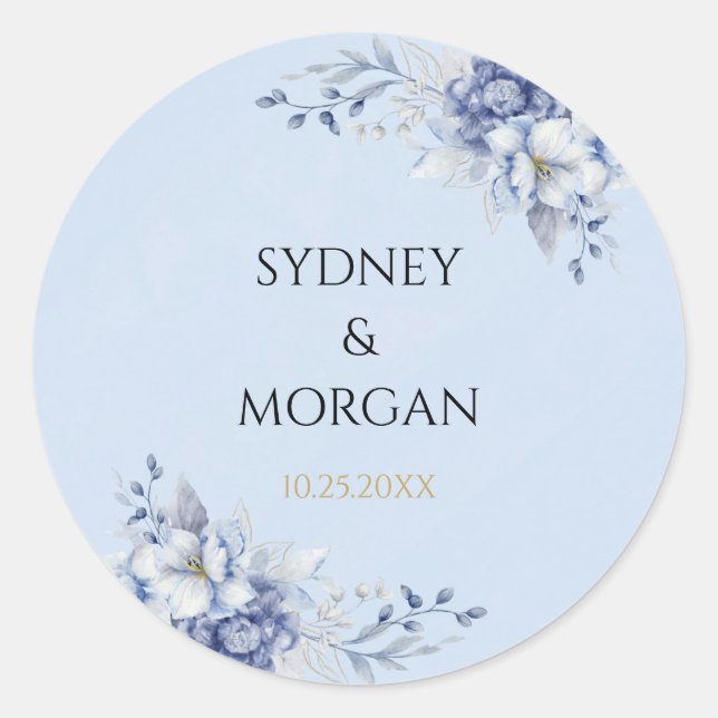 Elegant Powder Blue & Gold Floral Design Wedding  Classic Round Sticker (Front)