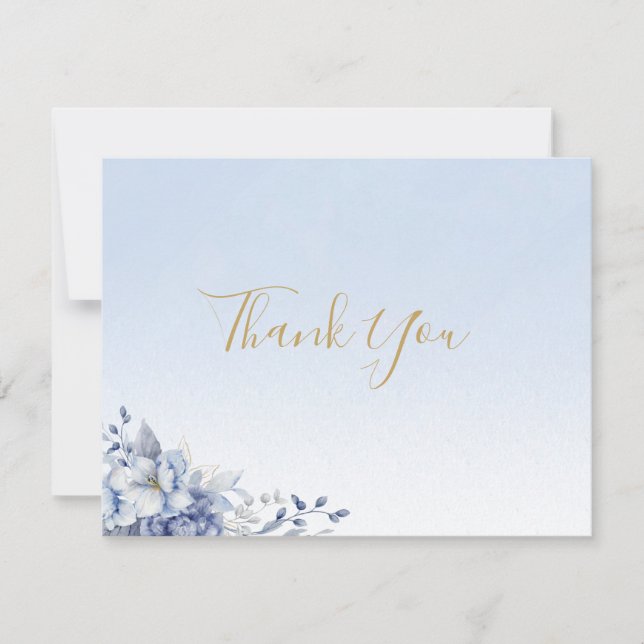 Elegant Powder Blue & Gold Floral Wedding  Thank You Card (Front)