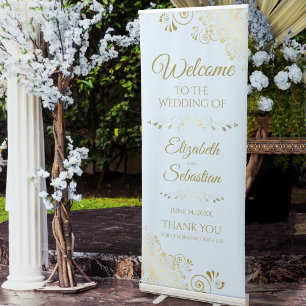 Elegant Powder Blue & Gold Lacy Wedding Welcome Retractable Banner
